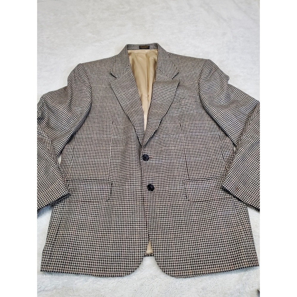 Oscar De La Renta Tan Black Houndstooth Silk Wool Suit Jacket 40S Academia Retro
